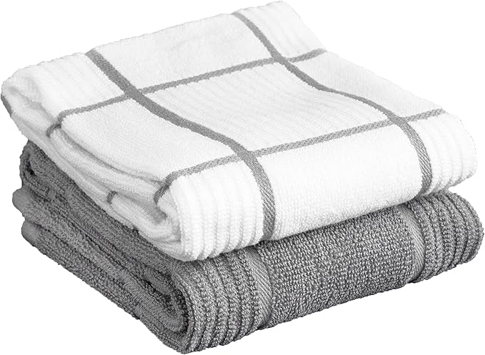 T-fal Solid & Checked Parquet Kitchen Towels: Highly Absorbent, Super Soft Long Lasting - 100% Cotton, 16"x26" Dish Towels for Cleaning & Drying Dishes, Pans, Glassware, or Countertops, (2-Pack), Gray