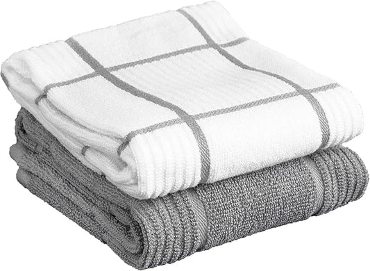 T-fal Solid & Checked Parquet Kitchen Towels: Highly Absorbent, Super Soft Long Lasting - 100% Cotton, 16"x26" Dish Towels for Cleaning & Drying Dishes, Pans, Glassware, or Countertops, (2-Pack), Gray