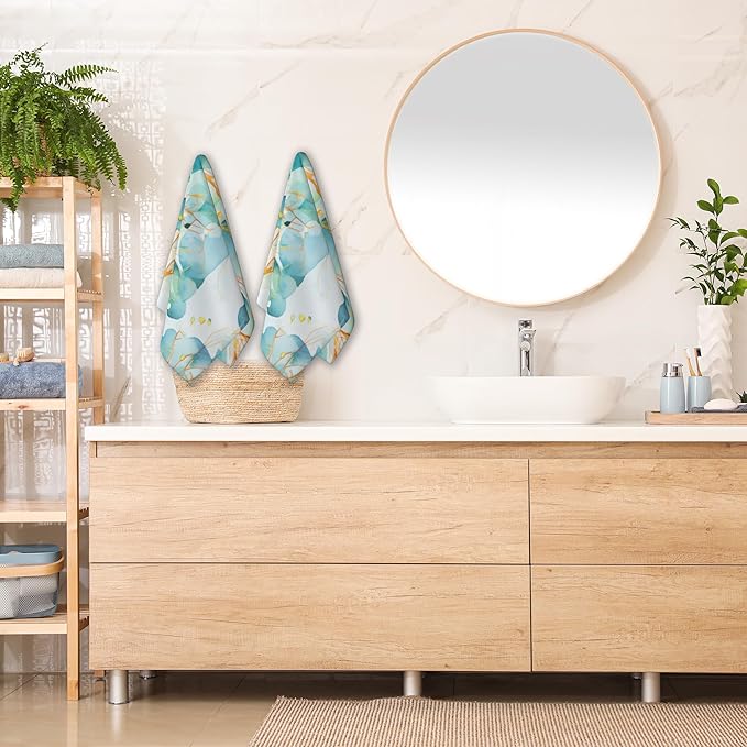 2 Pack Hand Bath Towel,Teal Eucalyptus Leaves Decorative Bath Towel Set,Fingertip Towel Bathroom Kitchen Highly Absorbent SPA Gym Towels 14x28 Inch