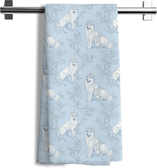 Siberian Husky Dog Gifts for Light Blue Chinoiserie Floral Decor Kitchen Towels，Blue and White Husky Dog Grandmillennial Decorative Dish Tea Towels for Kitchen Bathroom,16x24 Inch