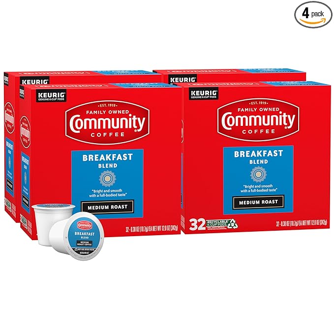 Community Coffee Breakfast Blend, Medium Roast, Single-Serve Keurig K-Cup Pods, 32 Count (Pack of 4)