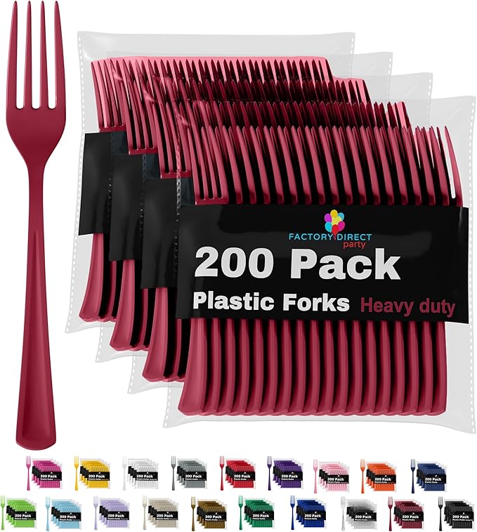 Party Solids Burgundy Plastic Forks 200 Pieces Burgundy Forks Disposable Utensils Heavy Duty Plastic Cutlery Set Disposable Cutlery Sets Flatware Sets Silverware Set Party Supplies & Party Tableware