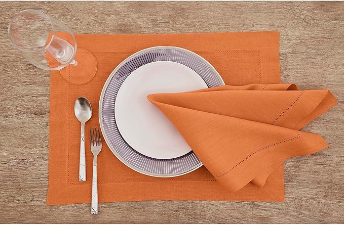 Solino Home Linen Napkins Set of 4 - Classic Hemstitch 100% Pure Linen Pumpkin Dinner Napkins Cloth 20 x 20 Inch for Holiday - Handcrafted and Machine Washable