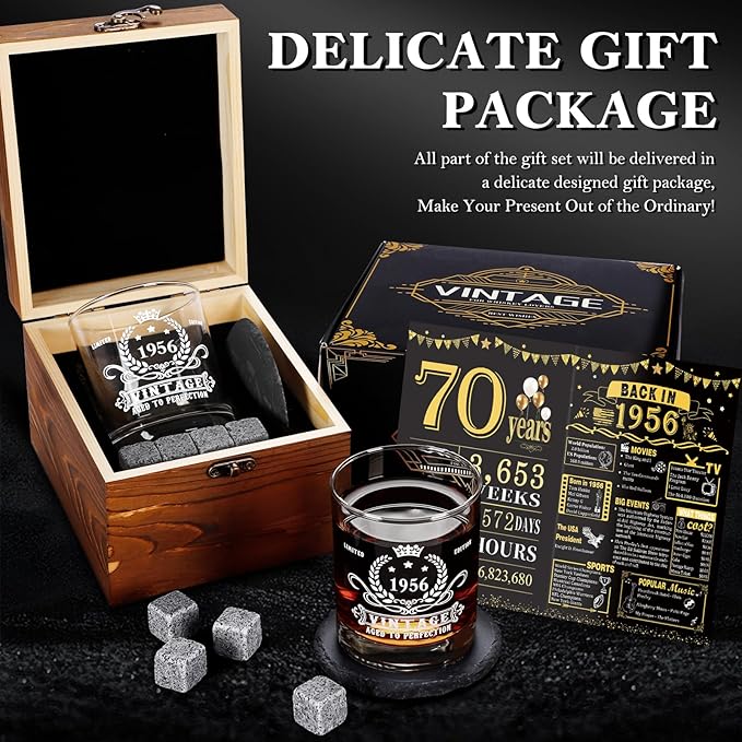 YeohJoy 70th Birthday Gifts for Men,Vintage 1956 Whiskey Glass Set,Wood Box & Whiskey Stones & 1956 Poster Anniversary Card & Coaster,Birthday Gifts Ideas for Him,Husband,Dad