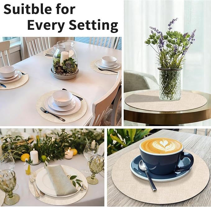 Maxpearl Round Placemats Set of 6, 13.8 inch Faux Leather Heat Resistant Table Mats, Non Slip Waterproof Wipeable Place Mats for Kitchen Dining Holiday Party Table Settings, Beige