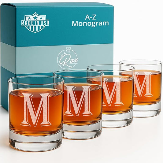 (M-Monogram)- 4 Piece Set of 11 Ounce Engraved Heavy Base Rocks Glasses Elegant Glass-Multi-Purpose Beverage-Rocks Glass- Gift for any Occasion- By: On The Rox