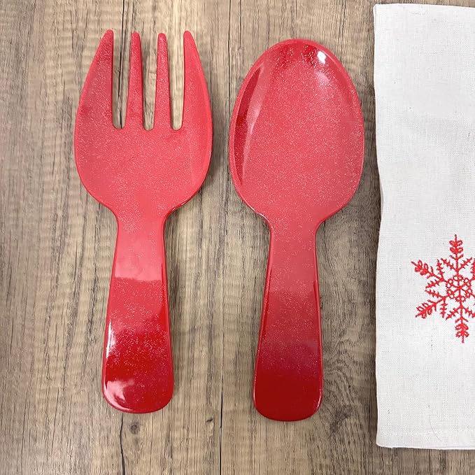 UPware Twinkle Dust Melamine Salad Servers, Serving Utensil Set, Includes Serving Fork and Spoon for Tossing Salad, Pasta, Christmas Decorations, Red, 10.75 Inch, Set of 2