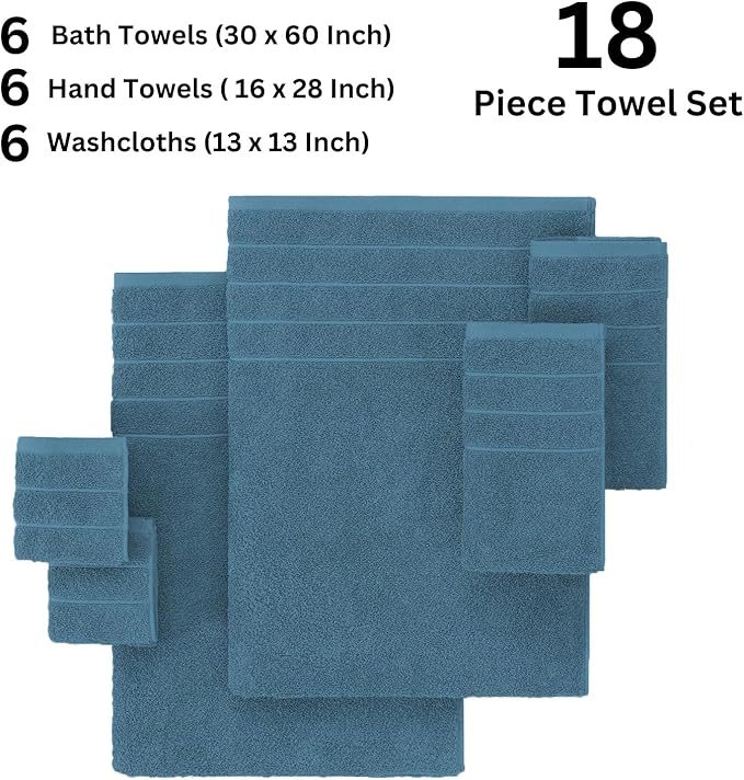 Casa Platino 100% Cotton Luxury Bath Towel Set - 18 Pieces - Ring Spun, Soft, Quick Dry & Extra Absorbent - 6 Bath, 6 Washcloths, 6 Bathroom Hand Towels - Minimal Lint After 3 Washes - Steel Blue