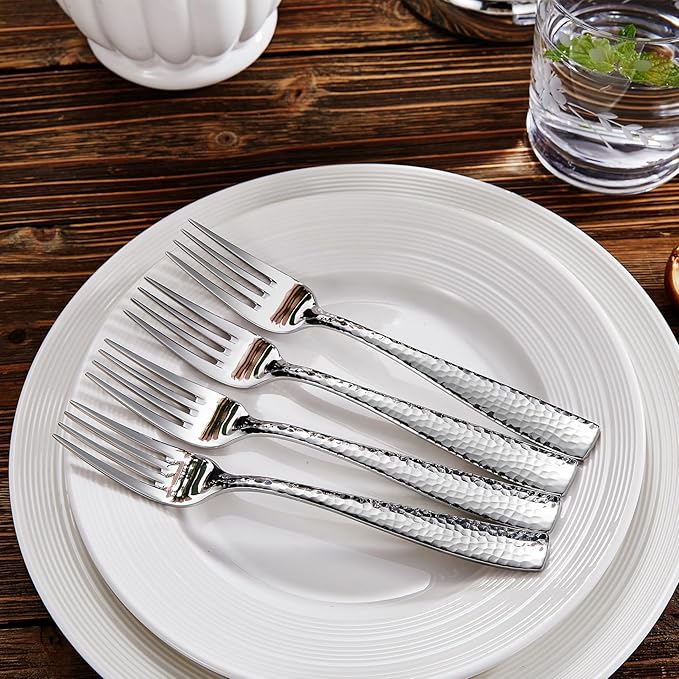 KEAWELL Premium 4-Piece 7.6" Louis Hammered Salad Fork Set, 18/10 Stainless Steel, Squared Edge with Smooth Rounded Edges for Comfort, Dishwasher Safe (4, 7.6" Salad Fork)