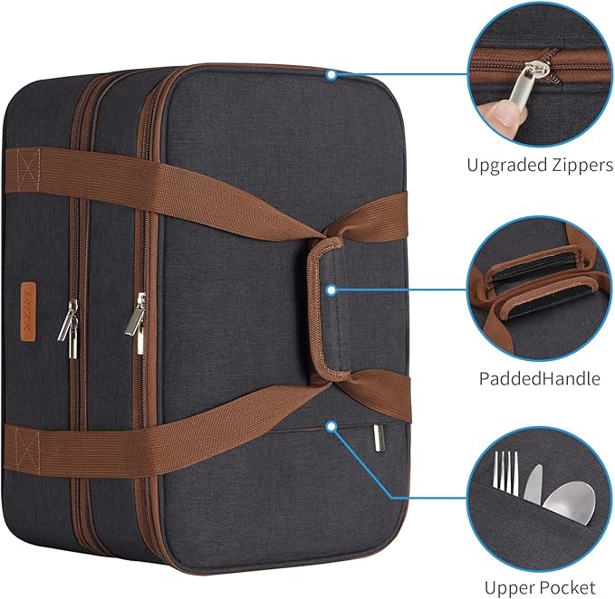 LHZK Double Decker Insulated Casserole Carrier for Hot or Cold Food, Expandable Hot Food Carrier, Lasagna Holder Tote for Potluck Parties, Picnic, Beach, Fits 11 x 15 or 9 x 13 Baking Dish (Black)