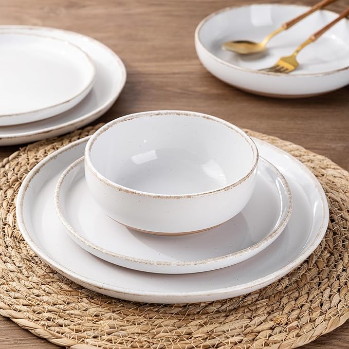 AmorArc 18 Pieces Ceramic Dinnerware Sets for 6, Handpainted Stoneware Plates and Bowls Set with Rustic Terracotta Underside, Scratch Resistant Dishes Set, Dishwasher & Microwave Safe, White