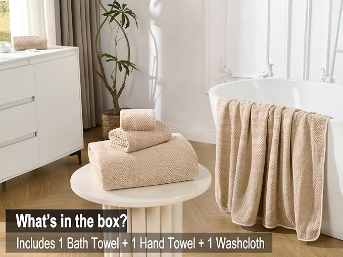 Large Bath Towels Set 30x60 Inches Super Soft Absorbent Quick Dry Luxury Microfiber Shower Towels for Bathroom-Beige, Pack of 3