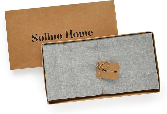 Solino Home Linen Cloth Tablecloth 52 x 52 Inch - 100% Pure Linen Chambray Grey Square Tablecloth - Athena, Machine Washable Table Throw