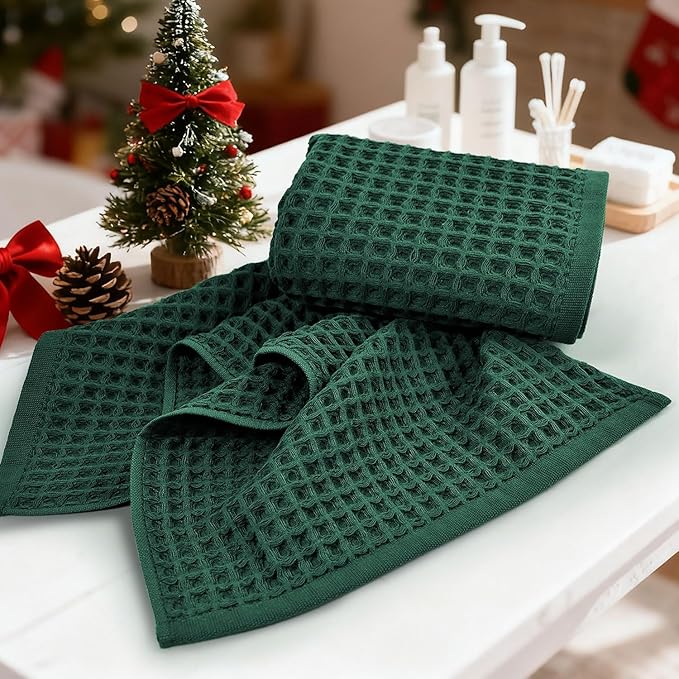 Jacquotha Waffle Hand Towels Set of 2 (Hunter-Green) – Cotton, Quick Dry, Lint Free, 13” x 29”, Christmas Bathroom Decor & Kitchen Towels
