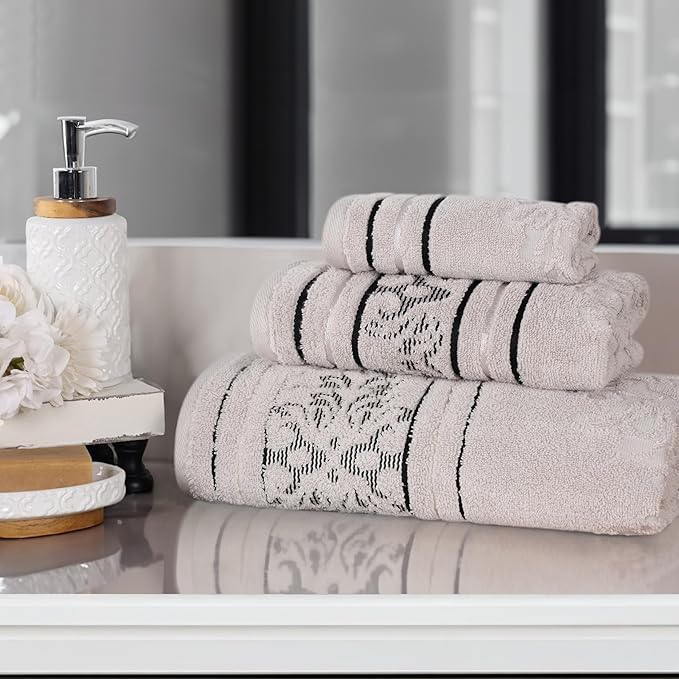 Superior Cotton 3 Piece Towel Set, Includes 1 Bath, 1 Hand, 1 Washcloth/Face Towel, Quick Dry, Home Essentials, Shower, Spa, Luxury Plush Soft Absorbent Towels, Zero Twist, Jacquard Floral, Platinum