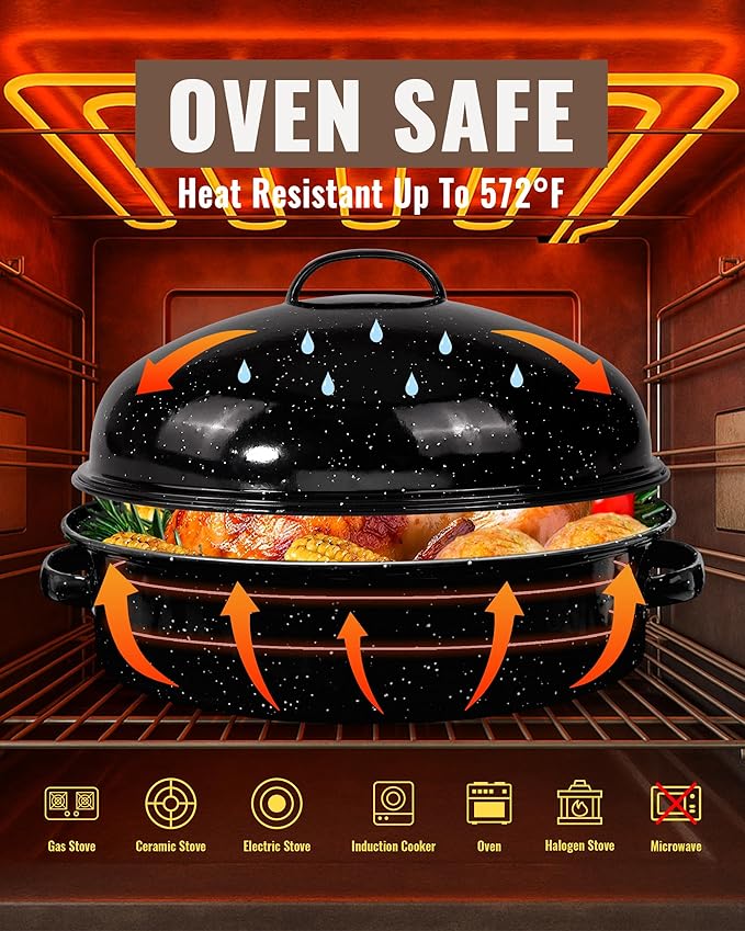 Roasting Pan with Lid & Rack 18 Inch Extra Large Deep Oven Baking Pot, Enamel Granite NonStick Oval Carbon Steel Potato Roaster Pot for Turkey Chicken Steak NonToxic Perfect for Christmas Party