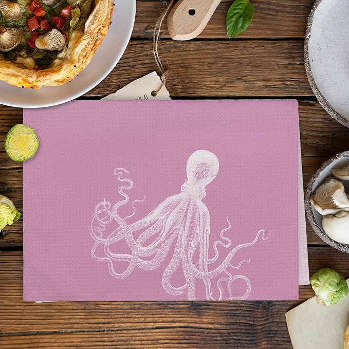 Coastal Pink Octopus Beach Decor Dish Hand Tea Towels for Bathroom Kitchen, Girly Preppy Octopus Ocean Nautical Beachy Bathroom Decor, Coastal Kitchen Towels and Dishcloths Sets of 2, 16x24In