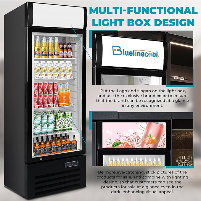 12.5 Cu Ft Commercial Beverage Refrigerator with 1 Glass Doors - Upright Drink Cooler Merchandiser with LED Light Display, 4 Adjustable Shelves, Black, ETL Approved for Business & Retail