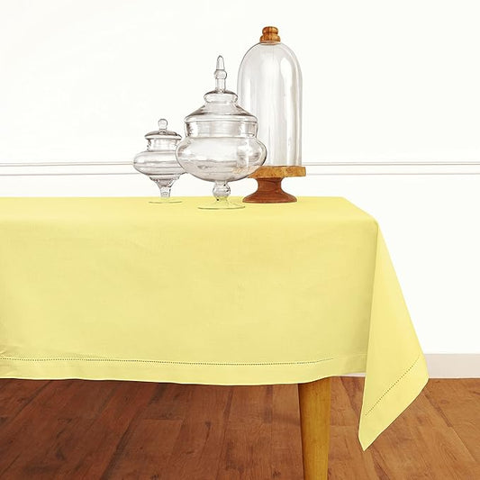 Solino Home Yellow Cotton Linen Tablecloth 58 x 120 Inch - Hemstitch Table Cloth for Rectangle Tables - Machine Washable Tablecloth
