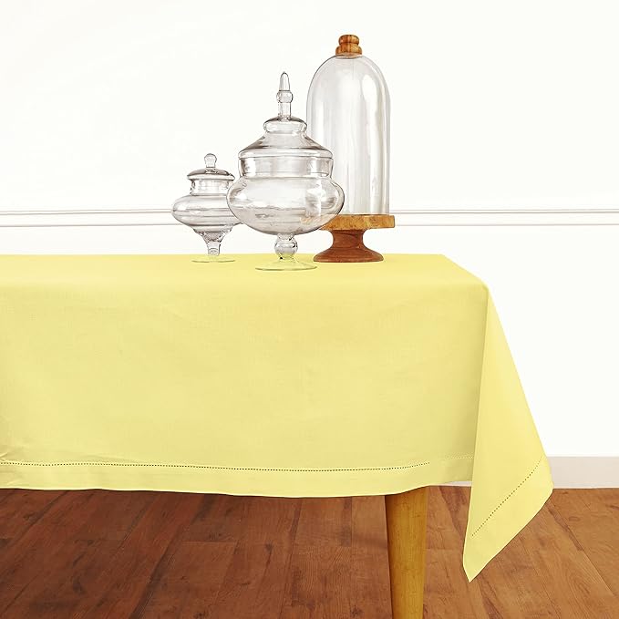 Solino Home Yellow Tablecloth 58 x 144 Inch - Cotton Linen Hemstitch Rectangular Tablecloth - Machine Washable Table Cloth