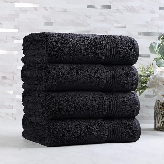 Superior Egyptian Cotton 4-Piece Bath Towel Set for Shower, Bath, Spa, Resort, Hotel, Soft Body Towels, Airbnb Essentials, Apartment, Dorm, Quick Dry, Absorbent, Bathroom Basics, Black