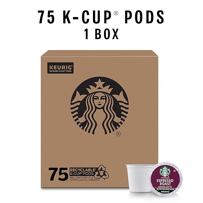 Starbucks K-Cup Coffee Pods, Dark Roast Coffee, Espresso Roast for Keurig Coffee Makers, 100% Arabica, 1 Box (75 Pods)