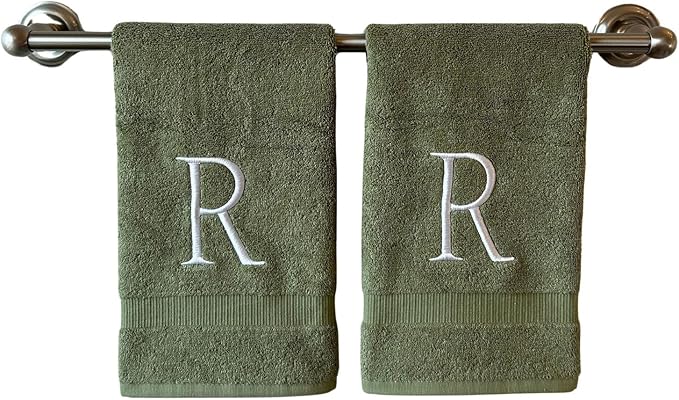 Sage Initial Hand Towel for Bathroom - Monogrammed Luxury Hotel Quality Decorative Embroidered Towel for Powder Room, Spa - GOTS Organic Certified - Set of 2 Letter R