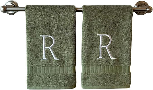 Sage Initial Hand Towel for Bathroom - Monogrammed Luxury Hotel Quality Decorative Embroidered Towel for Powder Room, Spa - GOTS Organic Certified - Set of 2 Letter R
