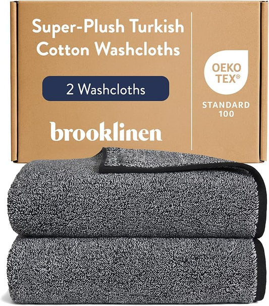 Brooklinen Super-Plush Turkish Cotton Washcloths - Set of 2 - Cotton, 820 GSM, Highly Absorbent, Machine Washable, Perfect for Home & Bathroom (13" x 13", Marled Black)