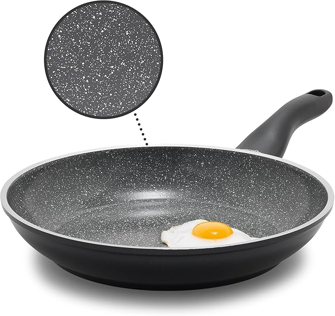 Rigoletto 9.5” Nonstick Frying Pan Skillet, Made in Italy, Layered Ceramic PFAS-Free Surface, Induction Ready, Dishwasher & Metal Utensil Safe, Granite Finish, Stay-Cool Handle,Black