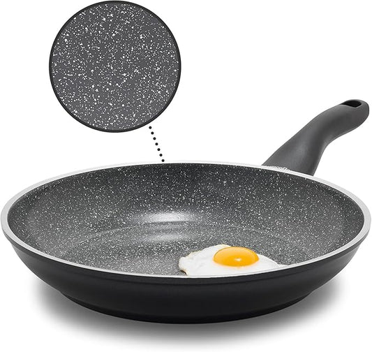 Rigoletto 9.5” Nonstick Frying Pan Skillet, Made in Italy, Layered Ceramic PFAS-Free Surface, Induction Ready, Dishwasher & Metal Utensil Safe, Granite Finish, Stay-Cool Handle,Black