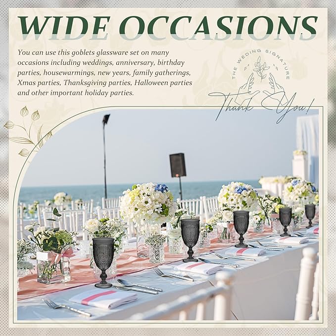 48 Pcs Plastic Goblets 7.5oz Vintage Goblet Plastic Wine Glasses Colored Retro Embossed Water Goblets for Wine Bar Juice Baby Shower Wedding Reception Grand Event Party (Black)