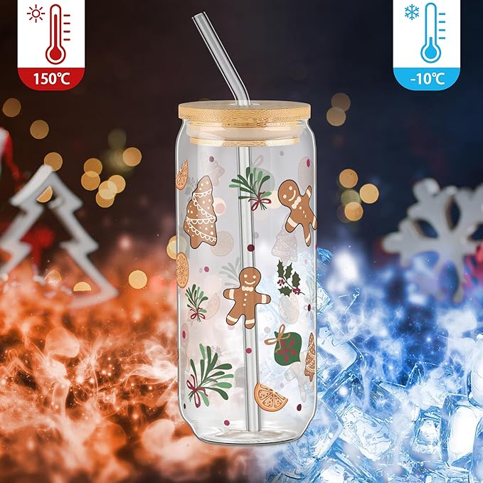 Joeyan Christmas Glass Cups with Lids and Straws,Cute Xmas Gingerbread Man Tumbler Iced Coffee Glass with Keychain and Socks,Drinking Glasses with Leaves Patterns,Decorations Gift For Women,20oz
