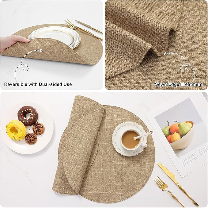 homing 15 Inch Round Cloth Placemats Set of 4, Cotton Linen Blend Washable Table Mats, Farmhouse Dining Place Mats for Indoors & Outdoors, Easy to Clean, Linen