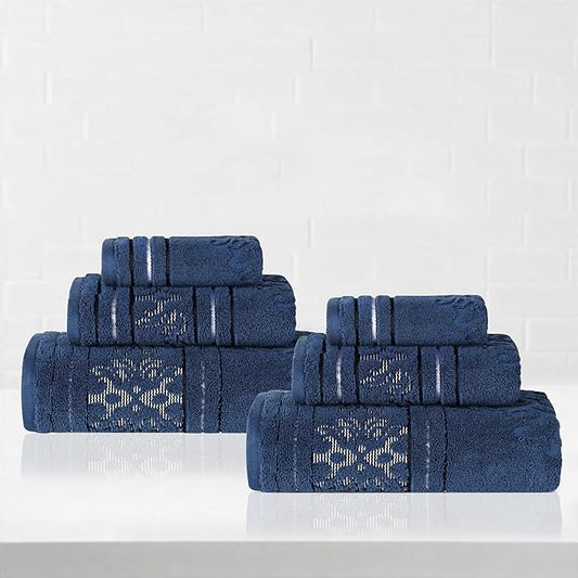 Superior Cotton 6 Piece Towel Set, 2 Bath, 2 Hand, 2 Washcloth/Face Towels, Quick Dry, Home Essentials, Shower, Spa, Luxury Plush Soft Absorbent Towels, Zero-Twist, Jacquard Floral, Navy Blue
