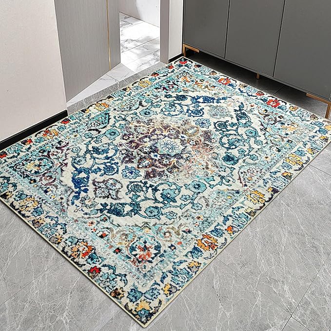 Easy-Going Boho Area Rug 3x5 Entryway Rug Washable Inside Door Mats for Home Entrance Non-Slip Medallion Distressed Small Rugs for Entry Living Room Bedroom Kitchen Lightweight Carpet, Vintage Multi