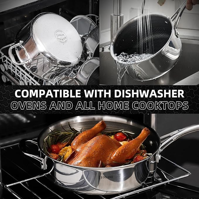 Deluxe 13 Piece Hybrid Ceramic Nonstick Stainless Steel Cookware Set-5 Piece Frying Pan Set, 6 PC Pot Set, 3.7QT Deep Sauté Pan&Lid, Induction Ready, Stay Cool, PFOA Free Compatible with All Cooktops
