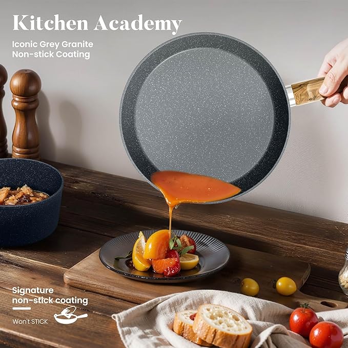 Kitchen Academy Induction Cookware Sets - 12 Piece Gray Cooking Pan Set, Granite Nonstick Pots and Pans Set