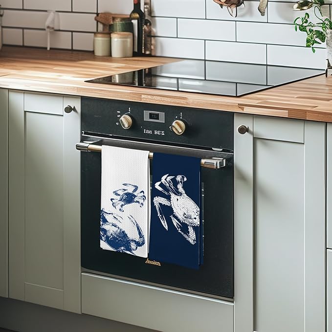 Coastal Crab Beach Decor Dish Hand Tea Towels for Bathroom Kitchen, Blue Crab Ocean Nautical Beachy Bathroom Decor, Coastal Nautical Kitchen Towels and Dishcloths Sets of 2, 16x24 Inches