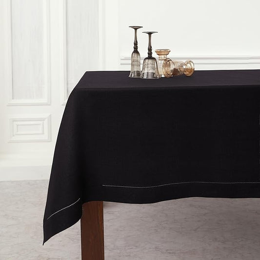 Solino Home Black Linen Tablecloth 52 x 52 Inch - 100% Pure Linen Square Table Throw - Classic Hemstitch, Machine Washable Table Cloth for Winter, Holiday
