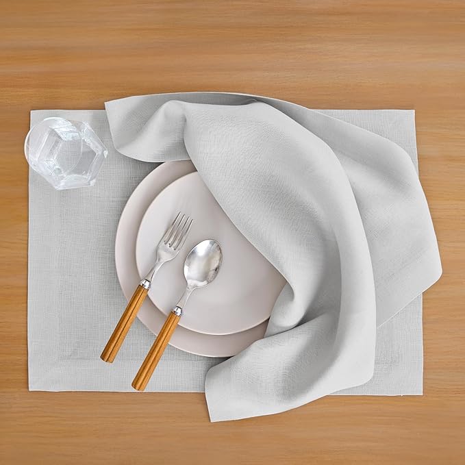 Solino Home Linen Placemats Set of 4 - Silver Cloud Placemats 14 x 19 Inch - 100% Pure Linen Table Place Mats for Winter - Fete