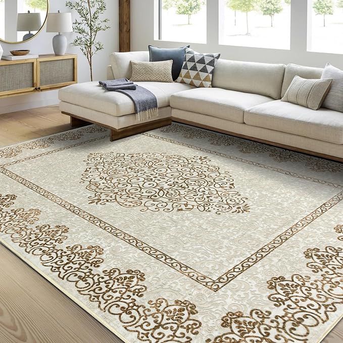 Easy-Going Area Rug 6x9 Washable Boho Neutral Rugs for Living Room Non-Slip Bedroom Rug Low Pile Lightweight Floral Brown Print Vintage Throw Rug for Dining Room Bathroom Kitchen Home Office Carpet
