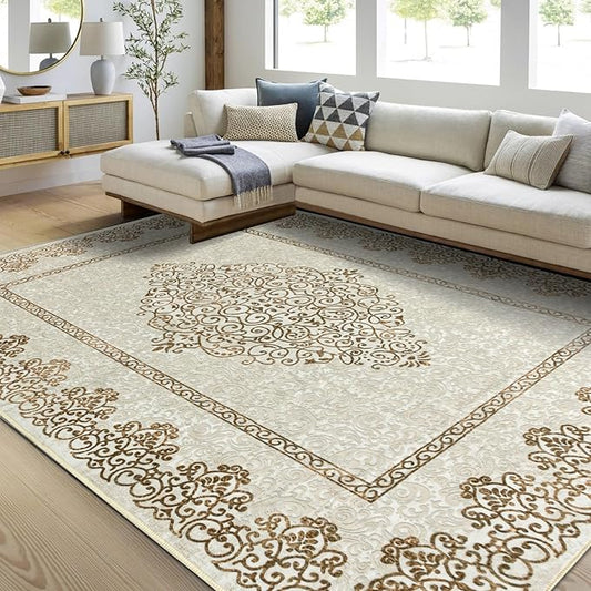 Easy-Going Area Rug 6x9 Washable Boho Neutral Rugs for Living Room Non-Slip Bedroom Rug Low Pile Lightweight Floral Brown Print Vintage Throw Rug for Dining Room Bathroom Kitchen Home Office Carpet