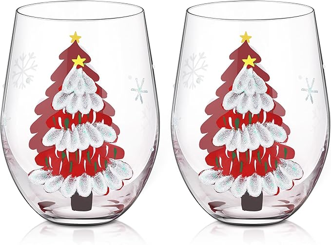 Joeyan Christmas Crystal Red Stemless Wine Glasses,Hand Painted Red or White Wine Glass Tumbler Cups,Large Xmas Tree and Snowflakes Patterned Drinking Glasses,Gift for Men Women Family,19 oz,Set of 2