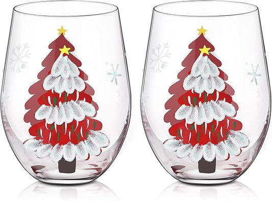 Joeyan Christmas Crystal Red Stemless Wine Glasses,Hand Painted Red or White Wine Glass Tumbler Cups,Large Xmas Tree and Snowflakes Patterned Drinking Glasses,Gift for Men Women Family,19 oz,Set of 2