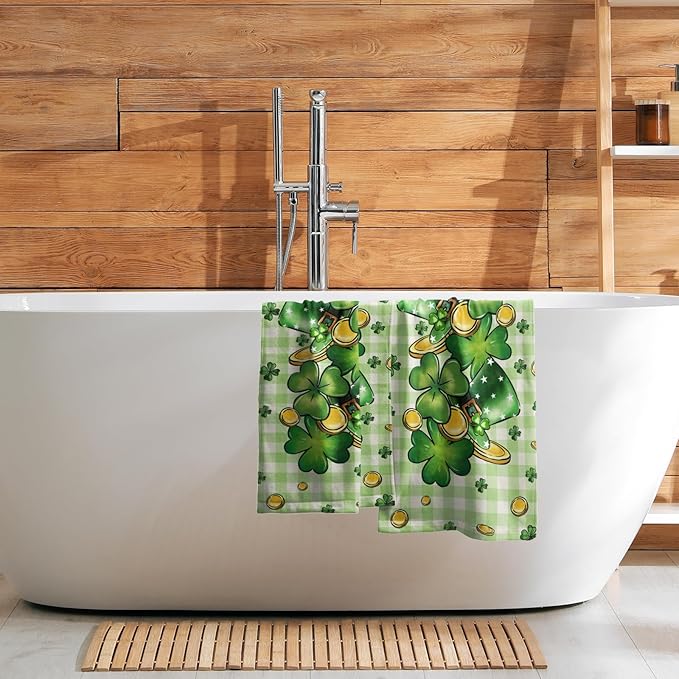 Imiss Green Shamrock Hat Hand Towels 14.4 x 28.3 Inch Clover Gold Coin Decor St. Patrick's Day Fingertip Towels Set of 2 Buffalo Plaid Seasonal Farmhouse Washcloth for Hotel Gym Spa