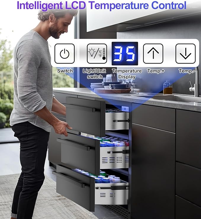 3-Tier Drawer Beverage Refrigerator, Hold 180 Cans 24 inch Undercounter & Built-in Beverage Fridge with Temperature Control, Waterproof Outdoor Freestanding Beverage Cooler for Home,Commercial Use