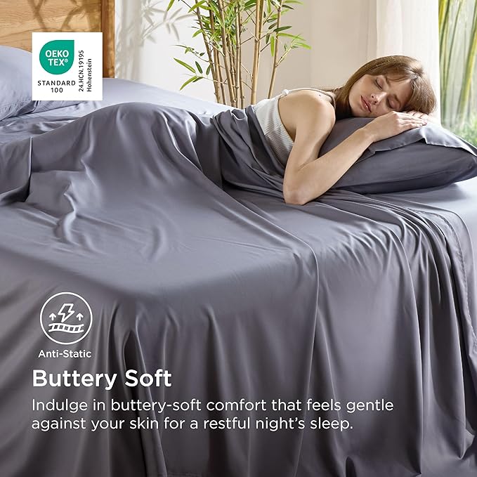 Bedsure Queen Sheet Set, Cooling Sheets for Queen Size Bed Set, Rayon Derived from Bamboo, Breathable & Soft, Deep Pocket Up to 16", Hotel Luxury Silky Bedding for Hot Sleepers, Dark Grey