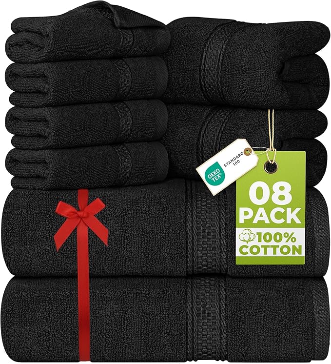 Utopia Towels 8 Piece Luxury Towel Set – Majestic Plush, Super Absorbent & Quicker-to-Dry, Thick 100% Ring Spun Cotton Towels for Bathroom, Spa & Hotel – 2 Bath, 2 Hand, 4 Washcloths, Black