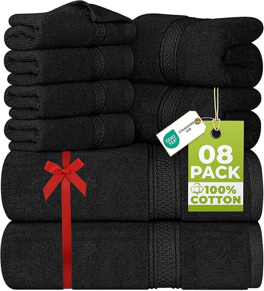 Utopia Towels 8 Piece Luxury Towel Set – Majestic Plush, Super Absorbent & Quicker-to-Dry, Thick 100% Ring Spun Cotton Towels for Bathroom, Spa & Hotel – 2 Bath, 2 Hand, 4 Washcloths, Black